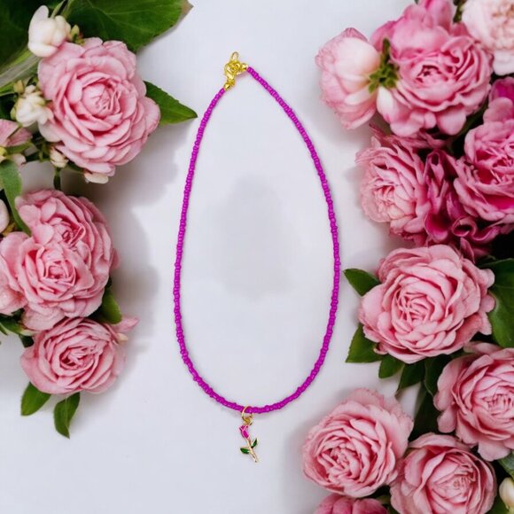 Darling and Dot Jewelry - HANDMADE Hot Pink Magenta Enamel Rose Pendant Choker Charm Flower Necklace